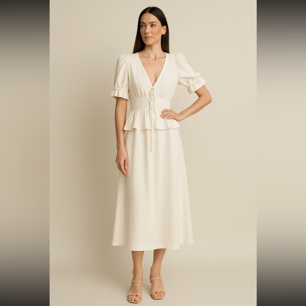 Jill Stuart Cream V-Neck Puff Sleeve Midi Dress